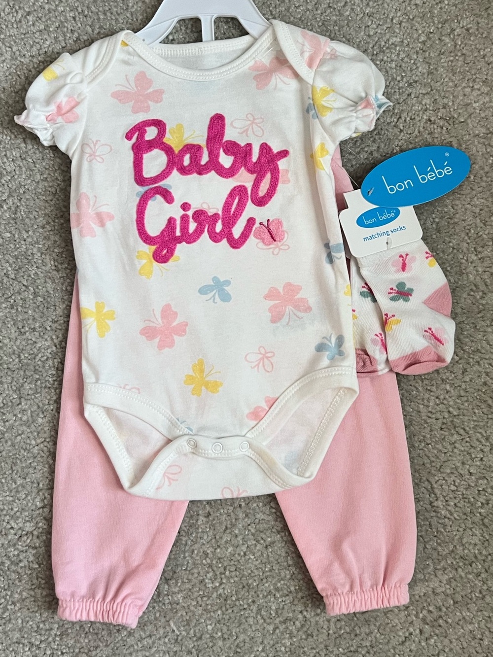 Bon Bébé White & Pink 'Baby Girl' Floral Bodysuit with Pink Pants